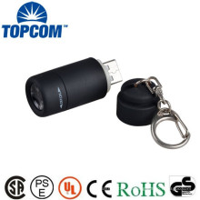 Alta tecnología USB recargable mini LED torch Keychain luz con interruptor de rotación + PVC cuerpo